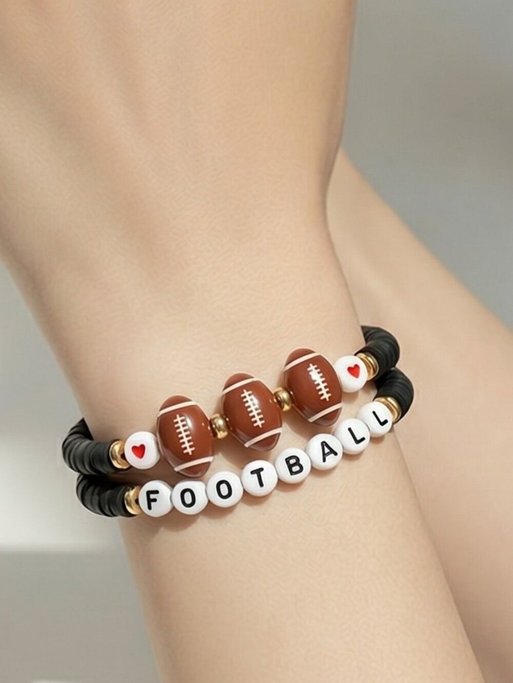 Football Heishi Bracelet Stack Set of 2 Black Brown Team Spirit Game Day Edge